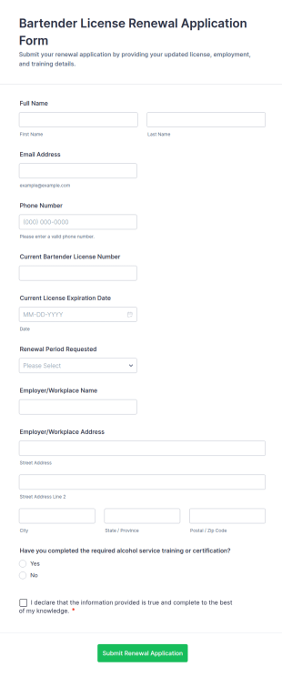 Bartender License Renewal Form Template