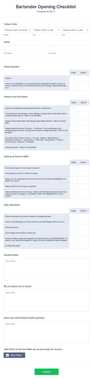 Bartender Opening Checklist Form Template