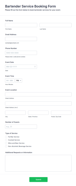 Bartender Service Booking Form Template