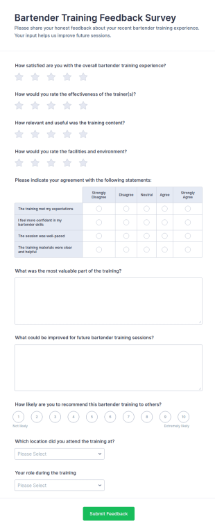 Bartender Training Feedback Form Template