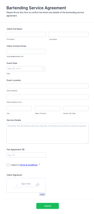 Bartending Service Agreement Form Template