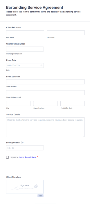 Bartending Service Agreement Form Template