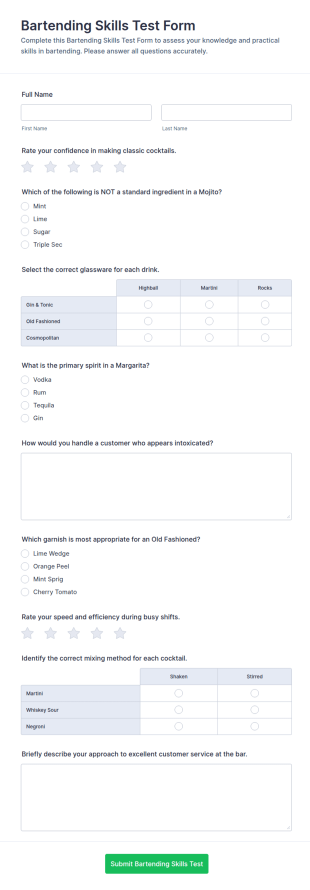 Bartending Skills Test Form Template