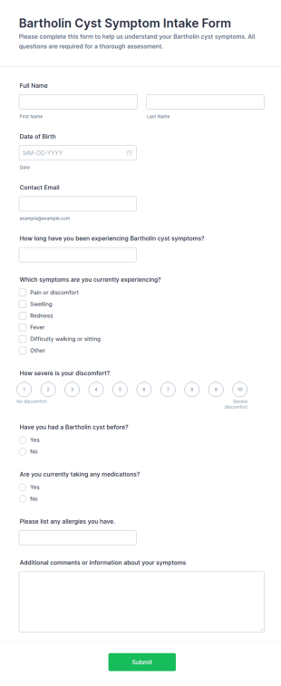 Bartholin Cyst Symptom Intake Form Template