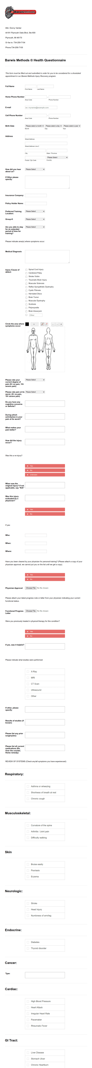 Barwis Methods Health Questionnaire Form Template