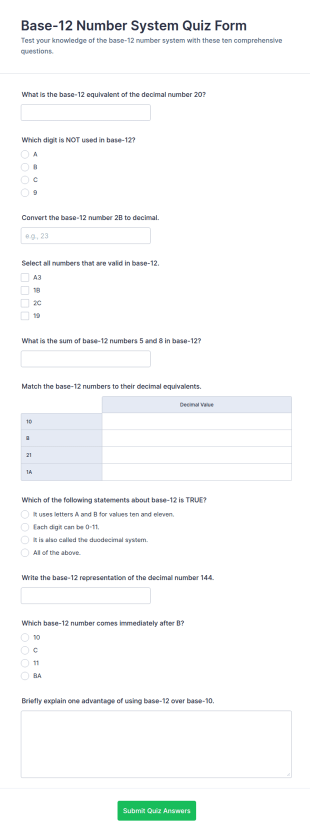 Base 12 Number System Quiz Form Template