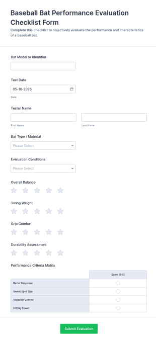 Baseball Bat Performance Evaluation Form Template
