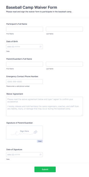 Baseball Camp Waiver Form Template