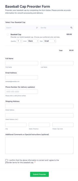 Baseball Cap Preorder Form Template