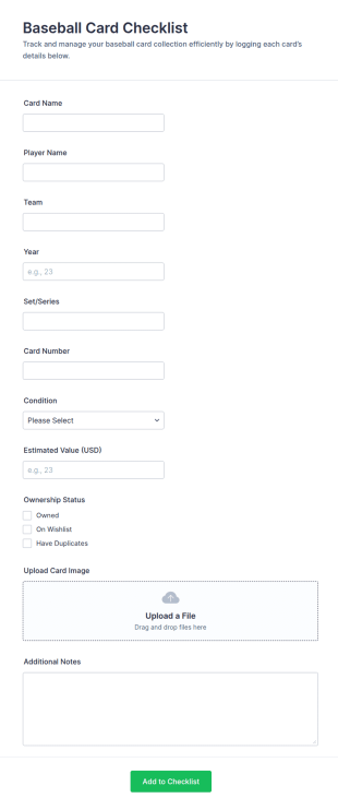 Baseball Card Checklist Form Template
