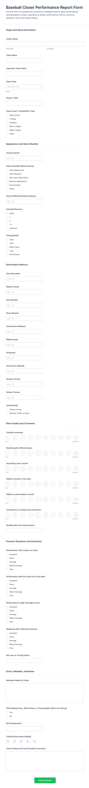 Baseball Closer Performance Report Form Template