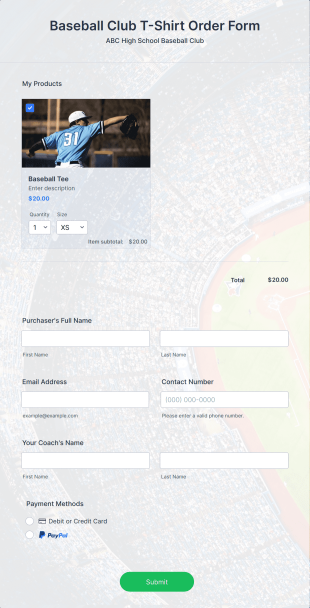 Baseball Club T Shirt Order Form Template
