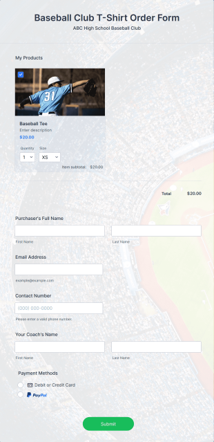 Baseball Club T Shirt Order Form Template