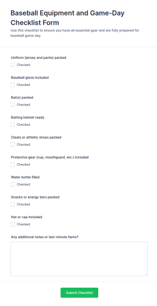 Baseball Equipment And Game Day Checklist Form Template