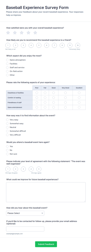 Baseball Experience Survey Form Template