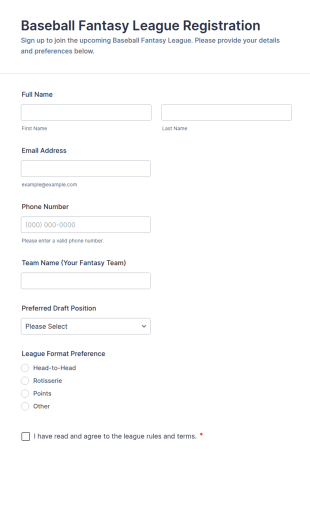 Baseball Fantasy League Registration Form Template
