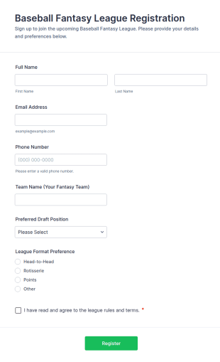 Baseball Fantasy League Registration Form Template