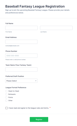 Baseball Fantasy League Registration Form Template