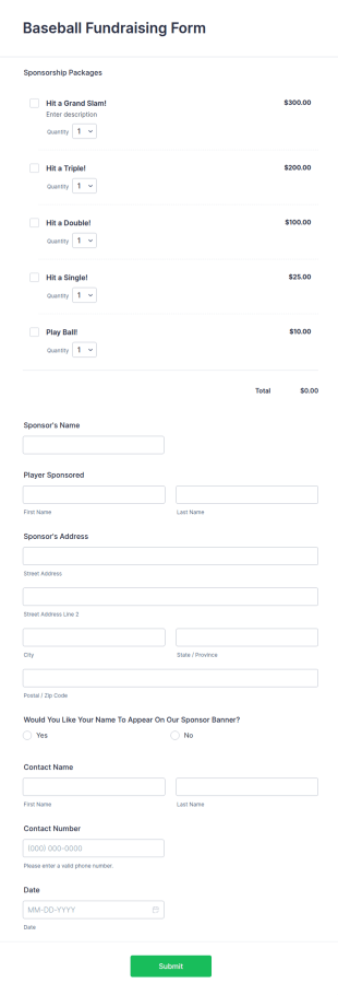 Baseball Fundraising Form Template