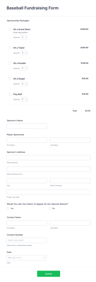 Baseball Fundraising Form Template