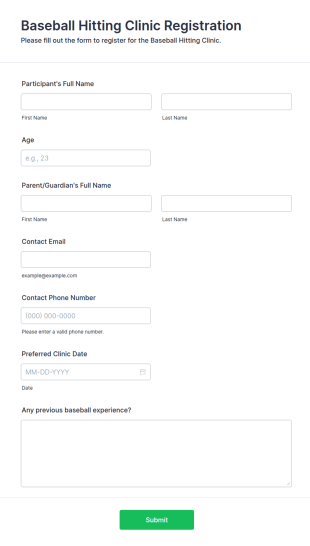 Baseball Hitting Clinic Registration Form Template