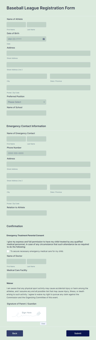 Baseball League Registration Form Template