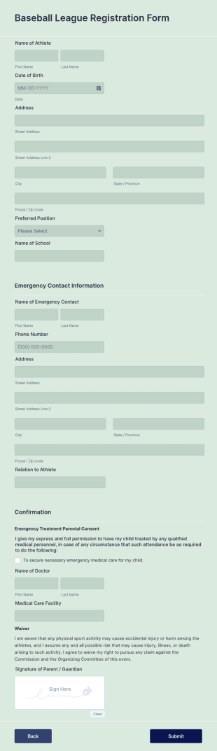 Baseball League Registration Form Template