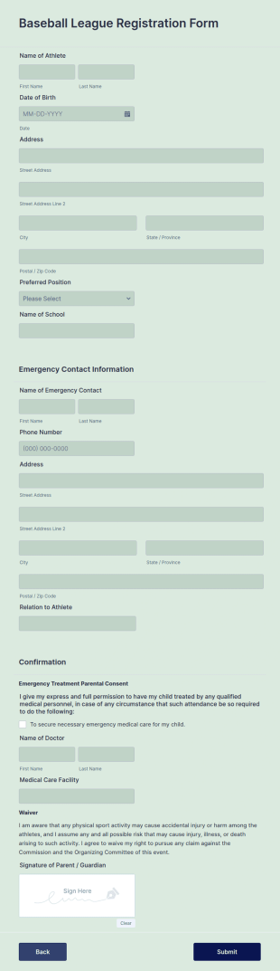 Baseball League Registration Form Template