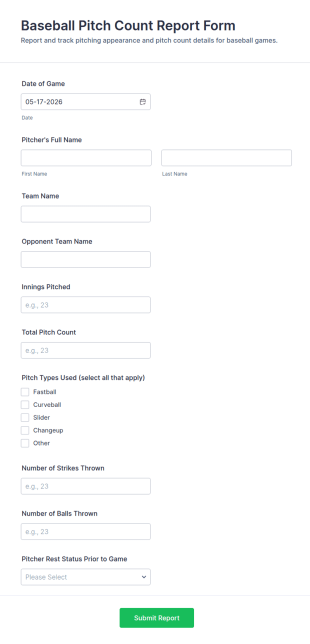 Baseball Pitch Count Report Form Template