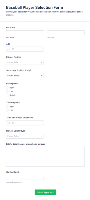 Baseball Player Selection Form Template