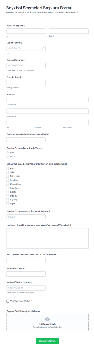 Beyzbol Seçmeleri Bilgi Form Şablonu