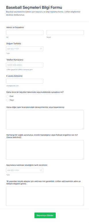 Beyzbol Seçmeleri Bilgi Form Şablonu