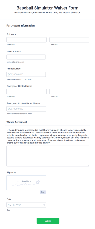 Baseball Simulator Waiver Form Template