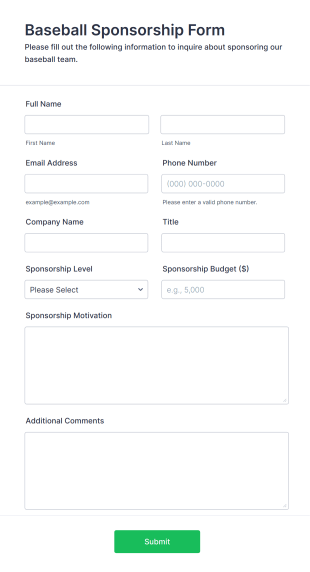 Baseball Sponsorship Form Template