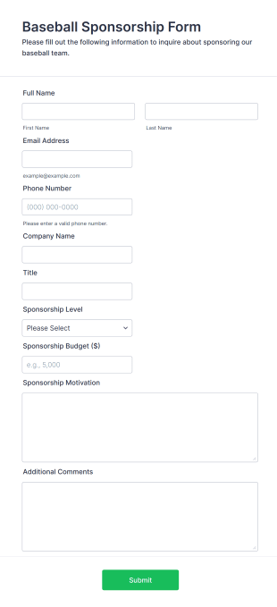 Baseball Sponsorship Form Template
