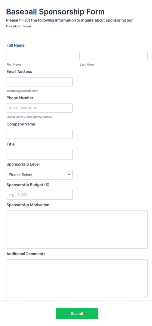 Baseball Sponsorship Form Template