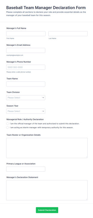 Baseball Team Manager Declaration Form Template