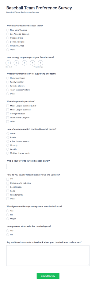Baseball Team Preference Survey Form Template