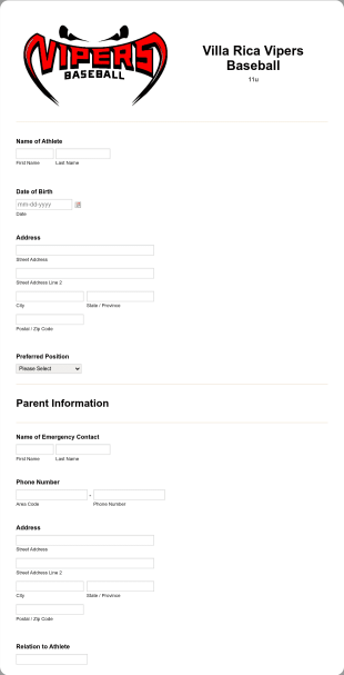 Baseball Team Registration Form Template
