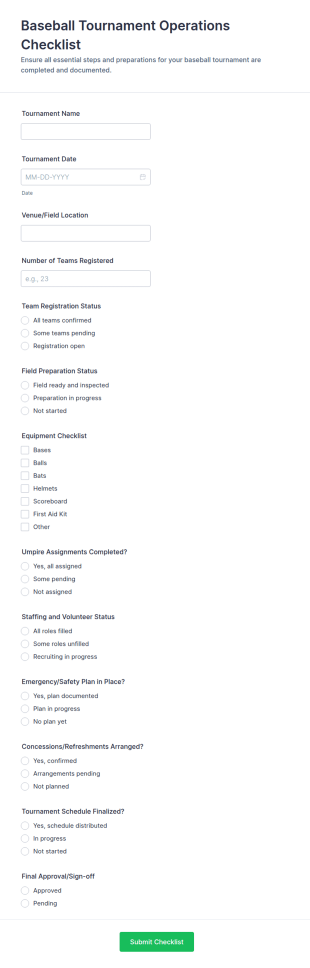 Baseball Tournament Checklist Form Template