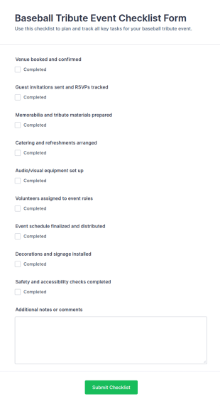 Baseball Tribute Event Checklist Form Template