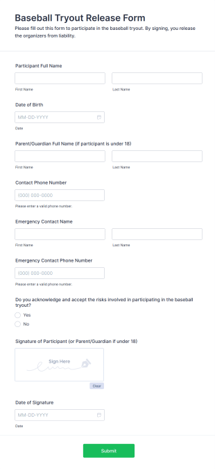 Baseball Tryout Release Form Template