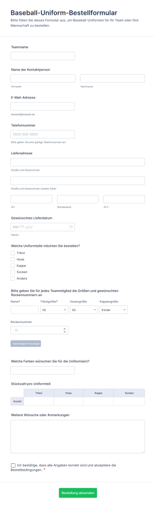 Baseball Uniform Bestellformular