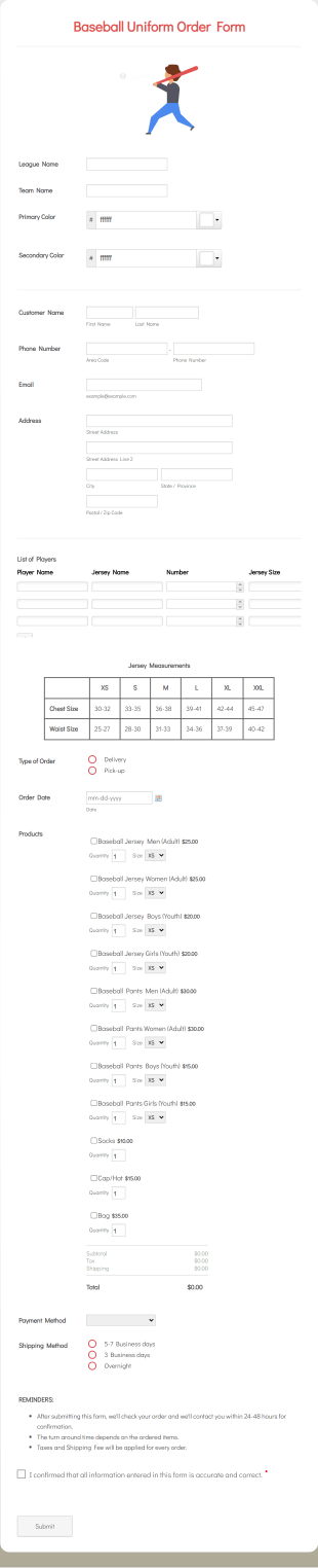 Baseball Uniform Order Form Template