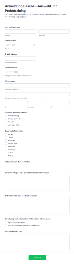 Baseball Voranmeldeformular
