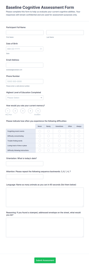 Baseline Cognitive Assessment Form Template