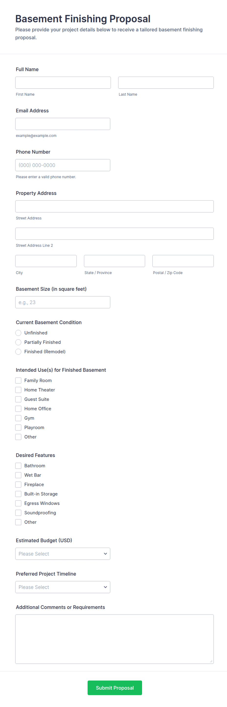 Proposal Form Format Basement Finishing Proposal Form Template | Jotform