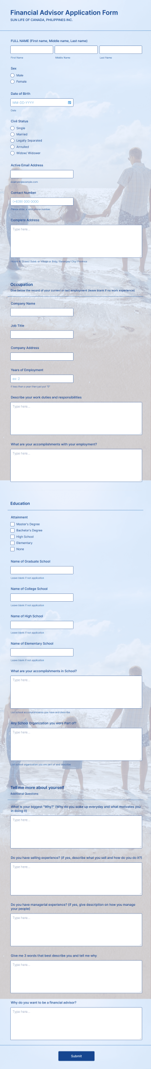 Financial Advisor Job Application Form Template