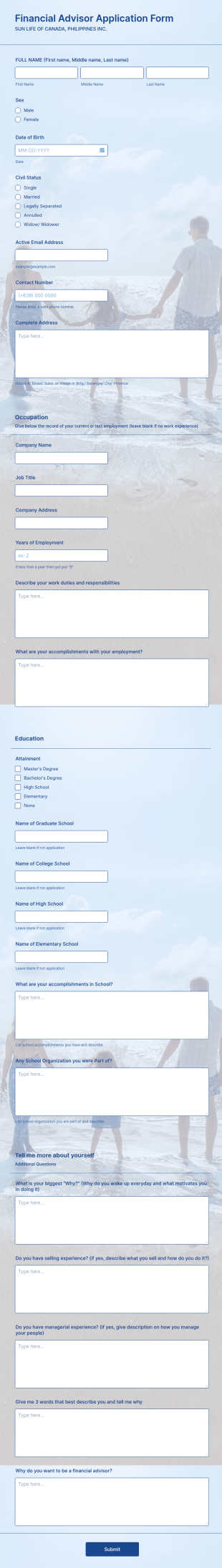 Financial Advisor Job Application Form Template