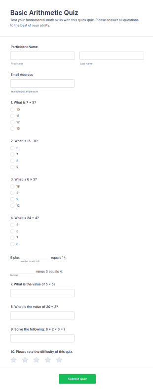 Basic Arithmetic Quiz Form Template